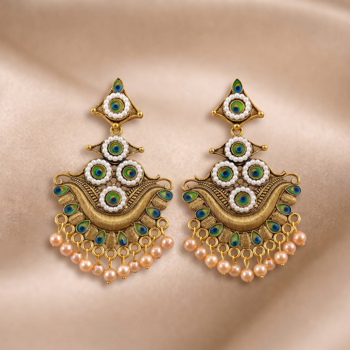 Mangamta Heritage Peacock Feather Chandbali Dangle Earrings