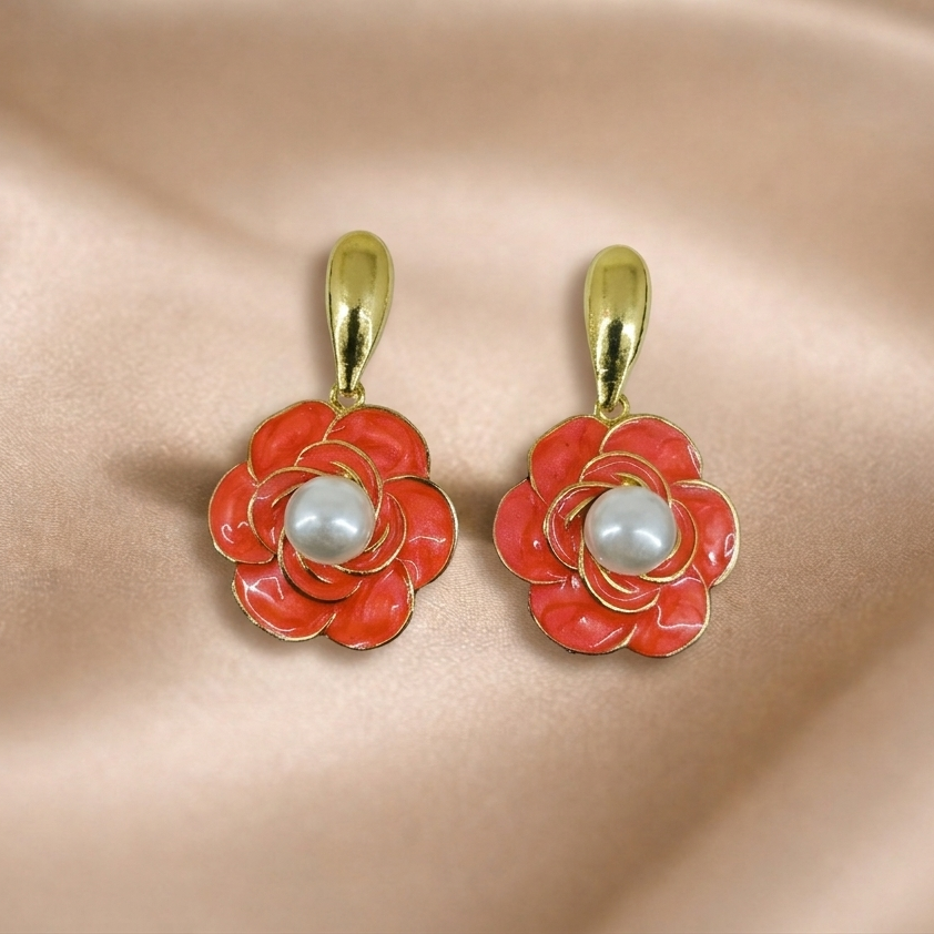 Mangamta Vibrant Coral Rose Enamel Pearl Drop Earrings