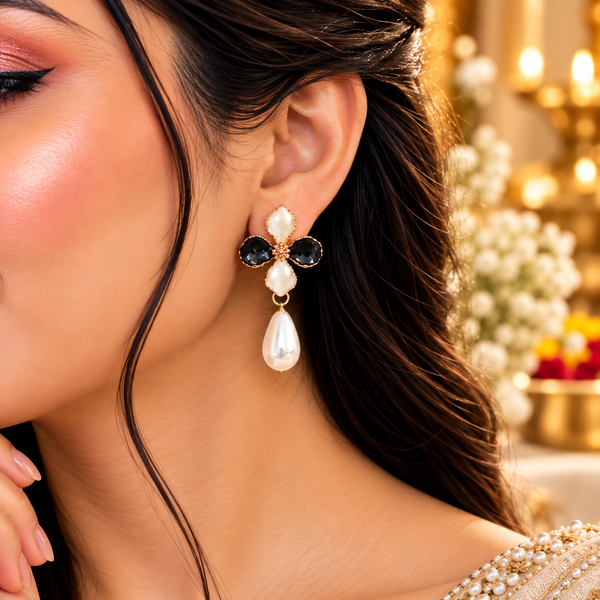 Mangamta Dual-Tone Monochrome Enamel Flower Teardrop Pearl Earrings