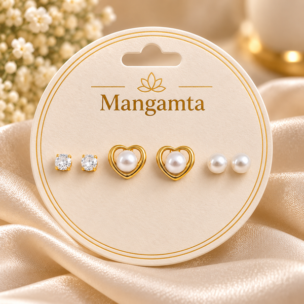 Mangamta 3 Pair Earrings Combo Set for Women – Crystal Stud, Heart Pearl Stud & Pearl Stud Earrings.