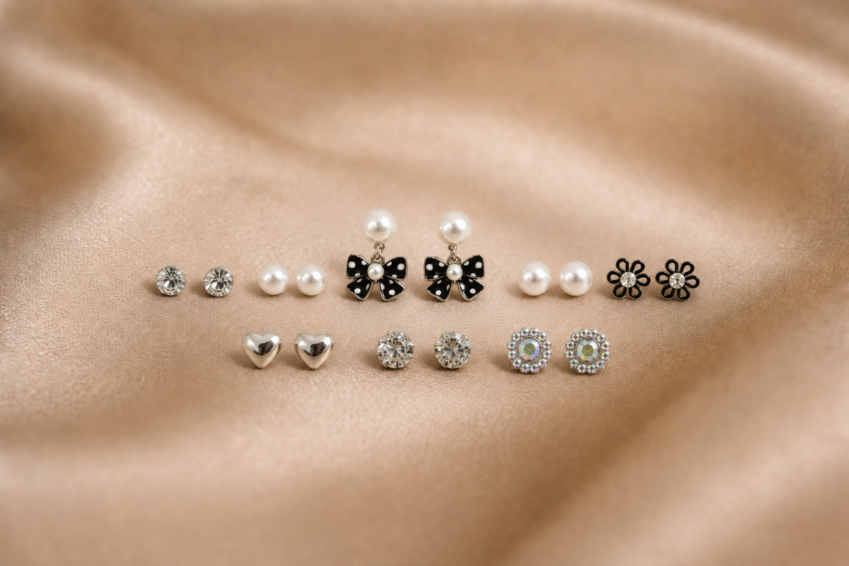 Mangamta Polka Dot Bow, Heart & Crystal Stud Earrings Combo