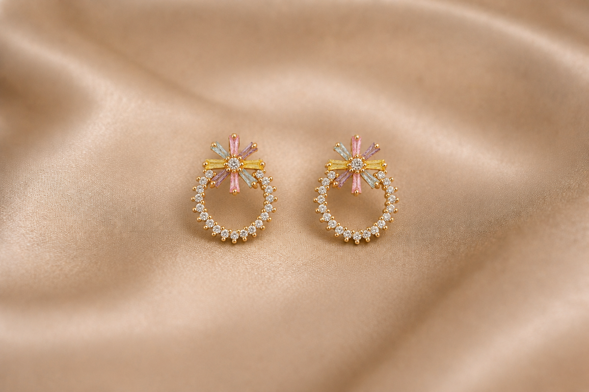 Mangamta Pastel Baguette Stone Floral Sunburst Halo Stud Earrings