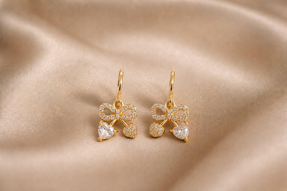 Mangamta Dainty Bowknot with Double Heart Drops Huggie Earrings