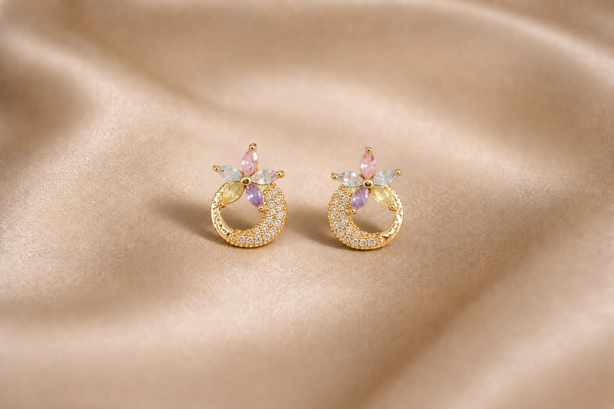 Mangamta Pastel Marquise Stone Flower Crescent Stud Earrings