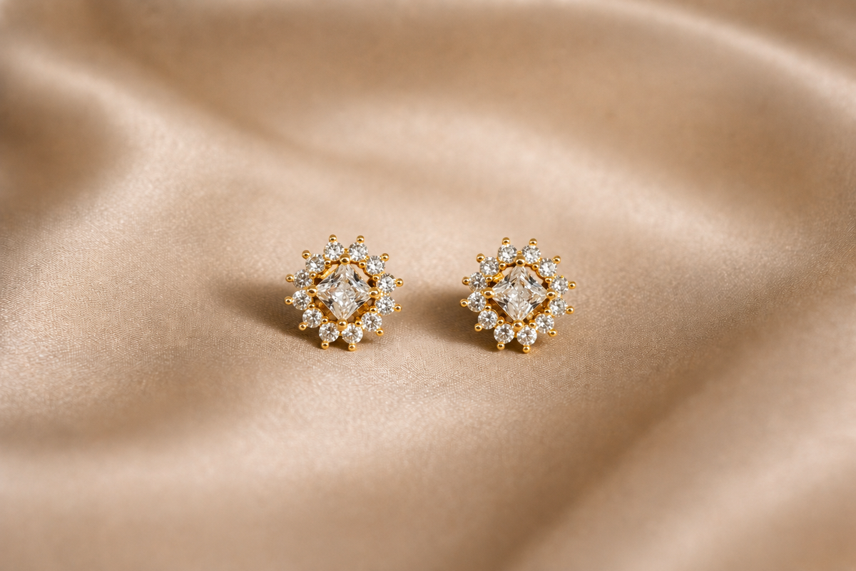 Mangamta Princess-Cut Solitaire with Floral Halo Stud Earrings