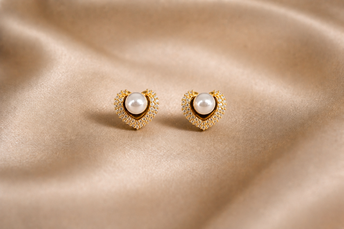 Mangamta Lustrous Faux Pearl in Pavé Heart Frame Stud Earrings