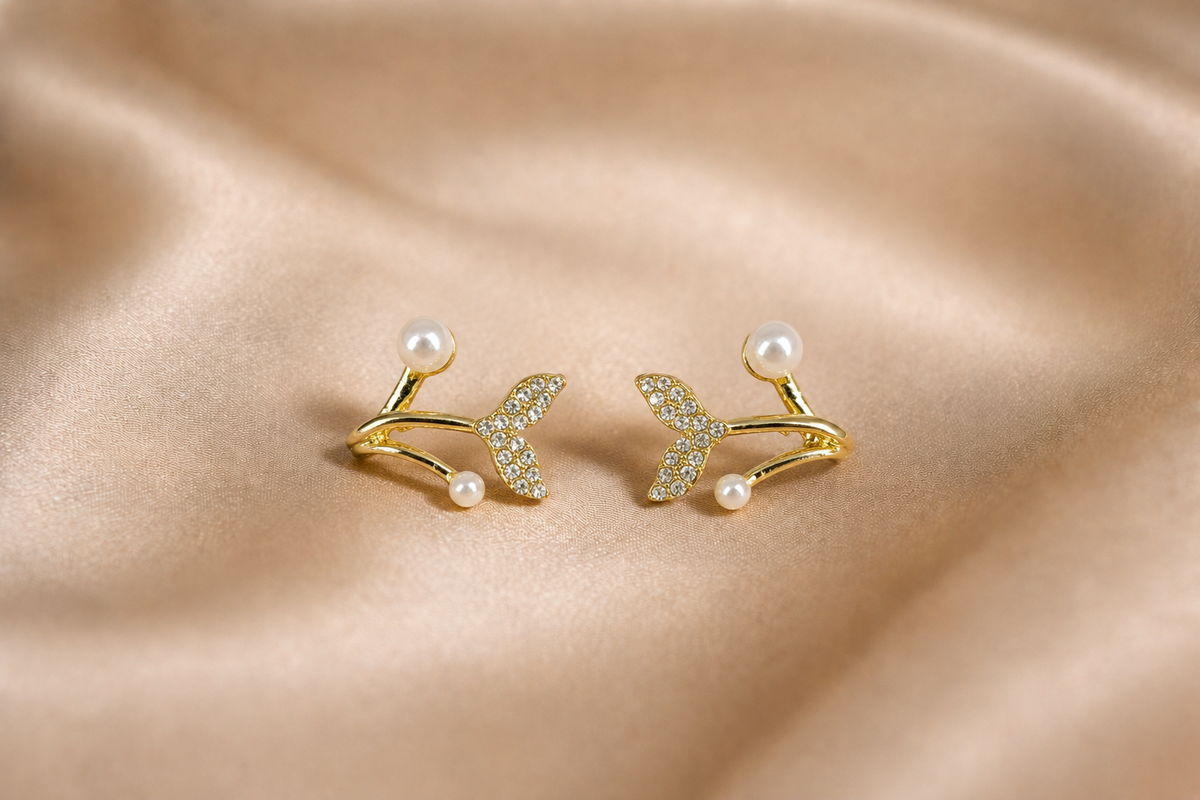 Mangamta Stone-Studded Mermaid Tail & Dual Pearl Huggie Studs