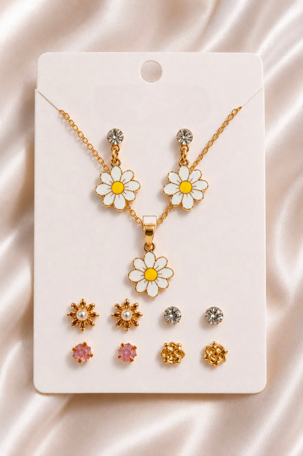 Mangamta Cheerful Daisy Flower Pendant Necklace Set with 5 Pairs of Coordinated Studs