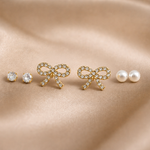 Mangamta 3 Pair Earrings Combo Set for Women – Bow, Crystal Stud & Pearl Stud Designer Fashion Earrings.