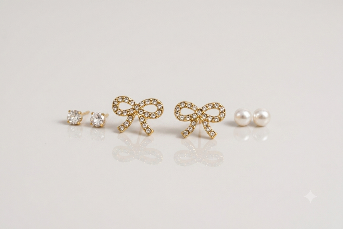 Mangamta 3 Pair Earrings Combo Set for Women – Bow, Crystal Stud & Pearl Stud Designer Fashion Earrings.