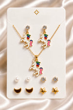 Mangamta Whimsical Colorful Unicorn Pendant Necklace Set with Multi-Pair Earrings Combo
