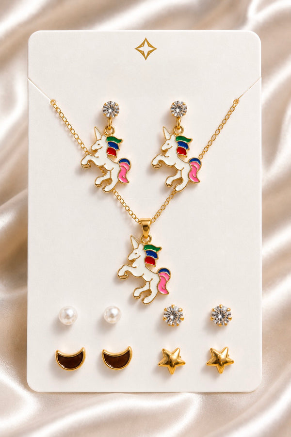 Mangamta Whimsical Colorful Unicorn Pendant Necklace Set with Multi-Pair Earrings Combo