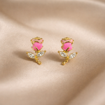 Mangamta Pink Rose Crystal Stud Earrings for Women | Gold-Tone Floral Designer Earrings