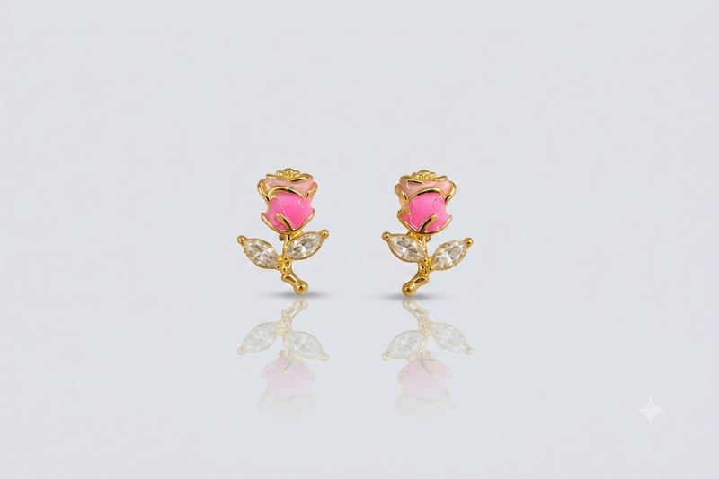 Mangamta Pink Rose Crystal Stud Earrings for Women | Gold-Tone Floral Designer Earrings