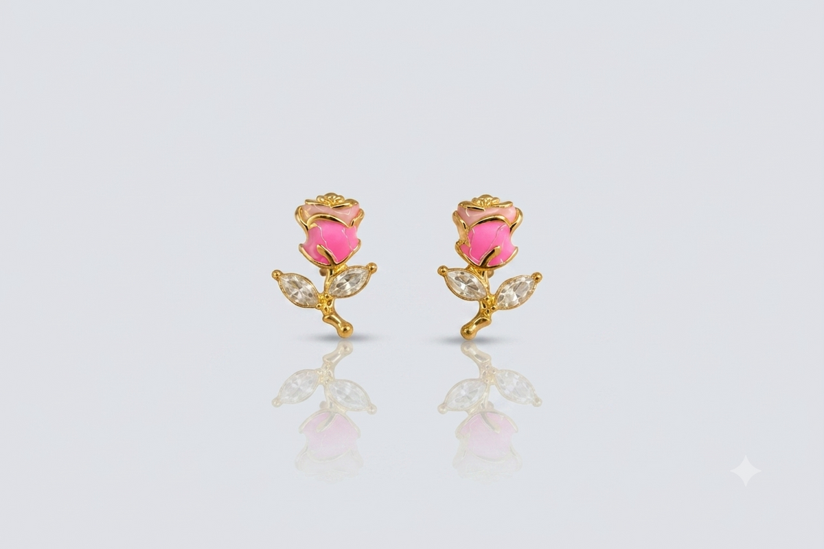 Mangamta Pink Rose Crystal Stud Earrings for Women | Gold-Tone Floral Designer Earrings