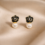 Mangamta Black Floral Pearl Drop Earrings for Women – Designer Fashion Stud Earrings
