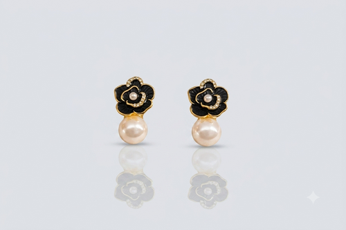 Mangamta Black Floral Pearl Drop Earrings for Women – Designer Fashion Stud Earrings