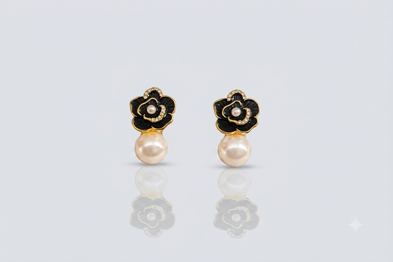 Mangamta Black Floral Pearl Drop Earrings for Women – Designer Fashion Stud Earrings