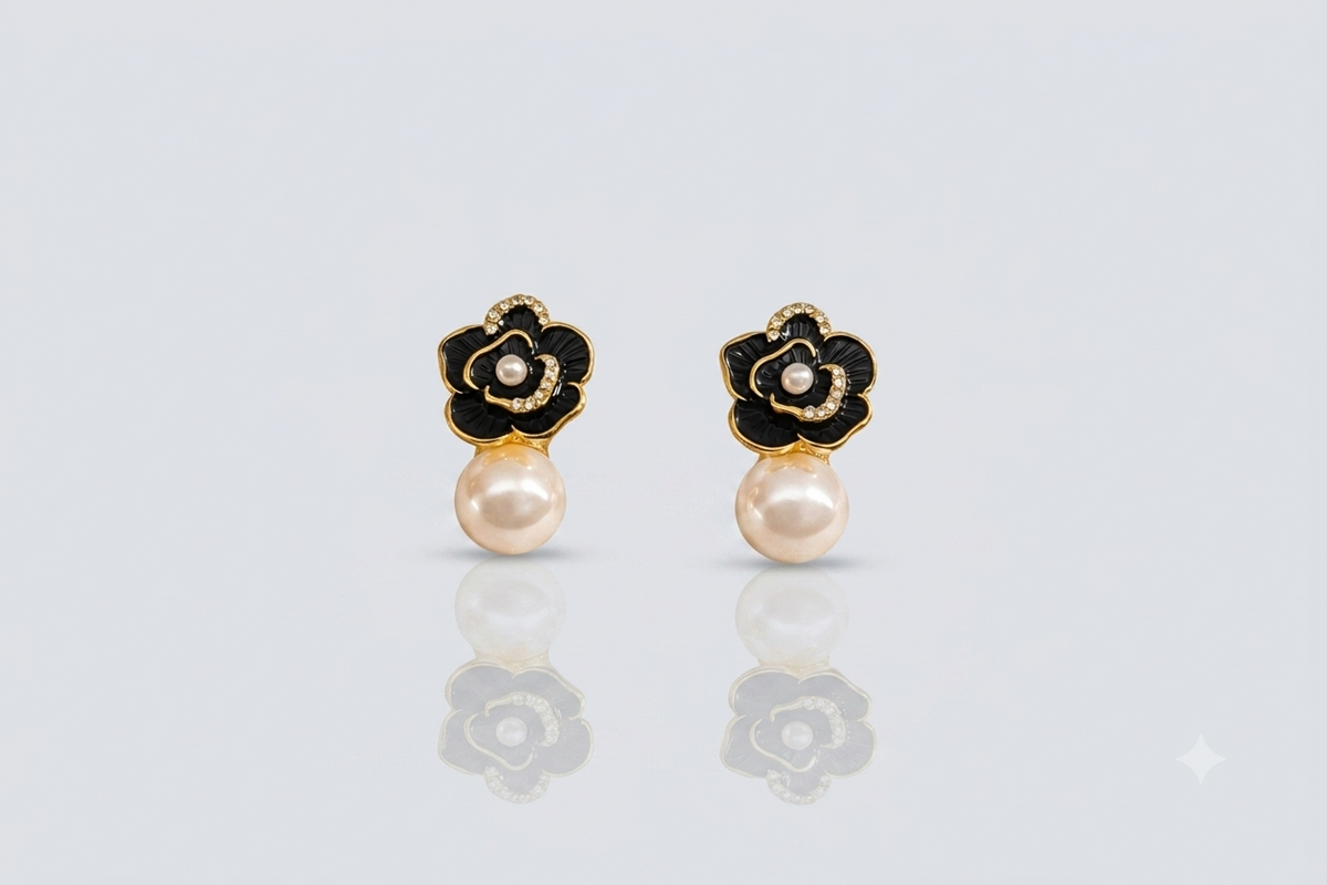 Mangamta Black Floral Pearl Drop Earrings for Women – Designer Fashion Stud Earrings