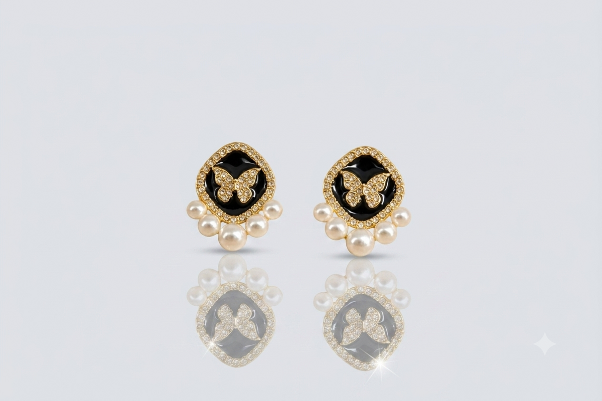 Mangamta Black Butterfly Pearl Stud Earrings for Women – Designer Fashion Earrings