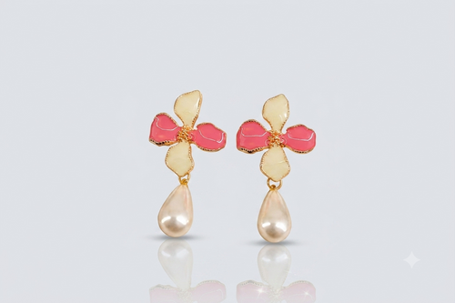 Mangamta Pink & White Floral Pearl Drop Earrings for Women – Designer Fashion Earrings