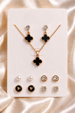 Mangamta Black Four-Leaf Clover Pendant Necklace Set with 5 Pairs of Fashion Earrings
