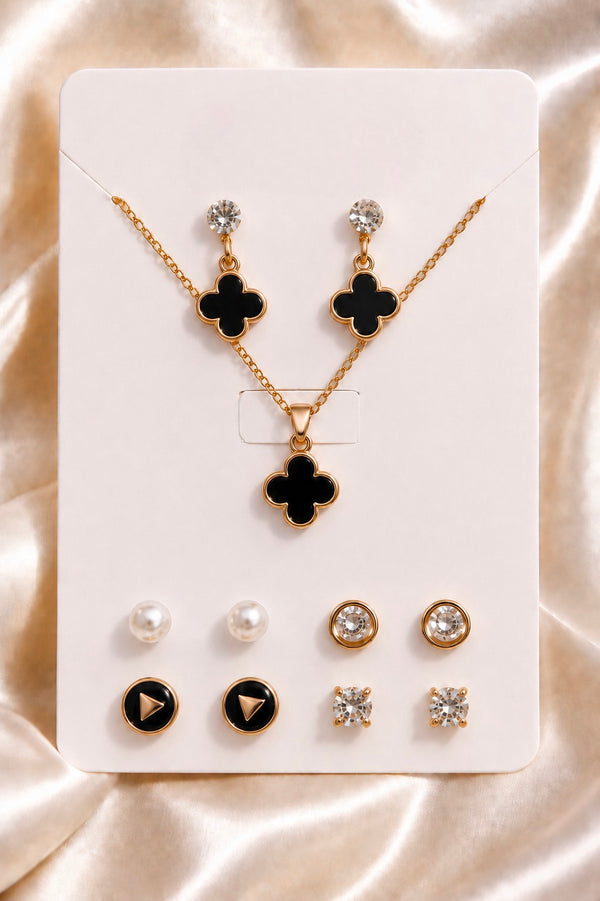 Mangamta Black Four-Leaf Clover Pendant Necklace Set with 5 Pairs of Fashion Earrings
