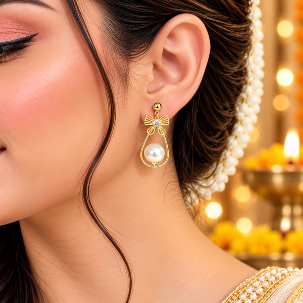 Mangamta Bow Pearl Drop Earrings for Women – Designer Fashion Earrings