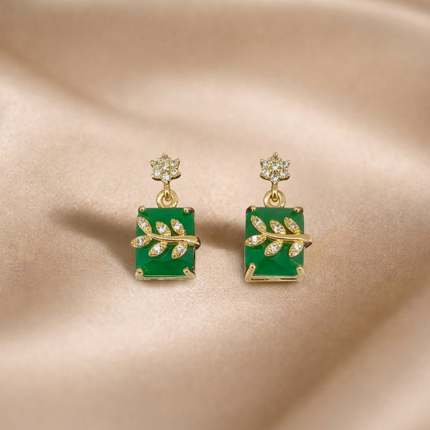 Mangamta Emerald Green Square Stone Branch Stud Earrings