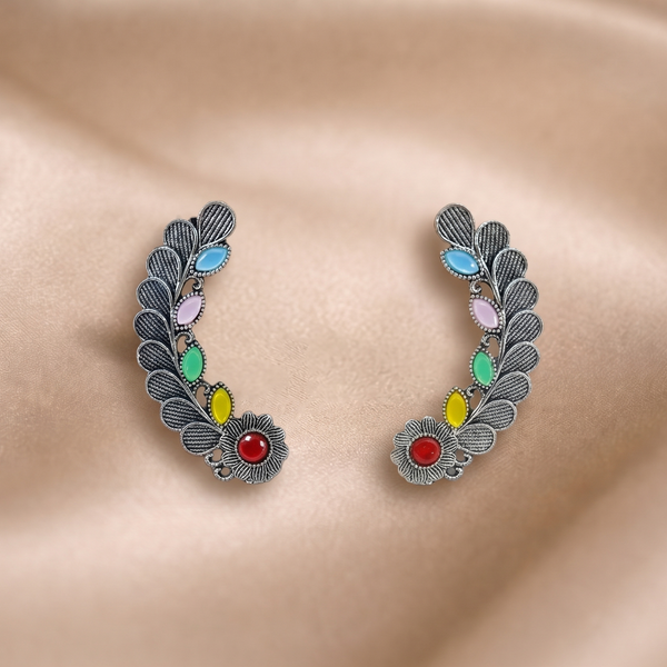 Mangamta Tribal Leaf Climber Multicolor Stone Ear Cuff Earrings