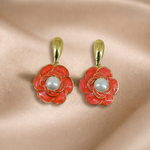 Mangamta Vibrant Coral Rose Enamel Pearl Drop Earrings