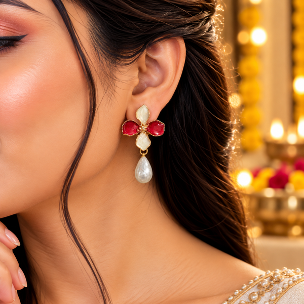 Mangamta Dual-Tone Crimson Enamel Flower Teardrop Pearl Earrings