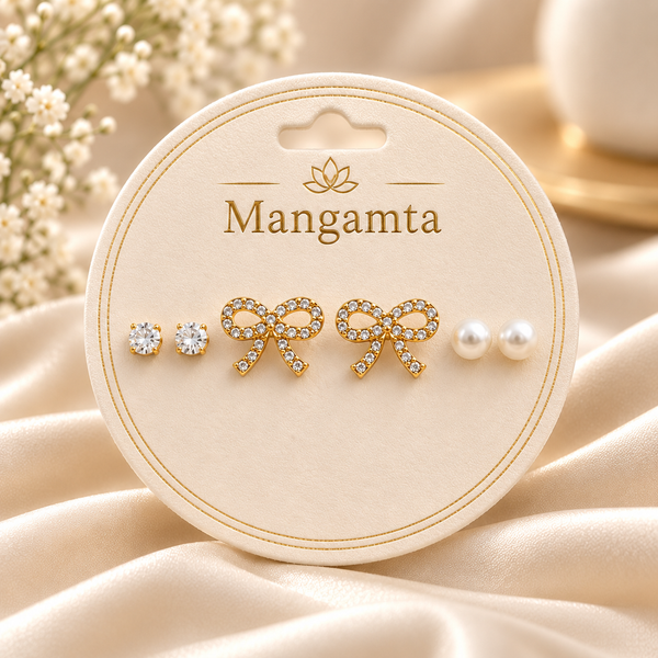 Mangamta 3 Pair Earrings Combo Set for Women – Bow, Crystal Stud & Pearl Stud Designer Fashion Earrings.