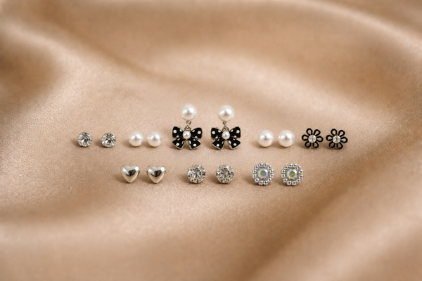 Mangamta Polka Dot Bow, Heart & Crystal Stud Earrings Combo