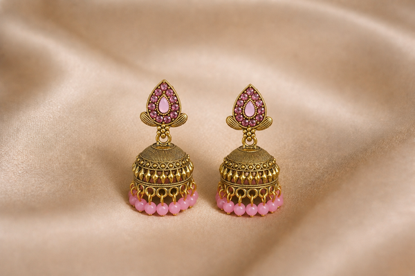 Mangamta Antique Finish Pink Stone Dome Jhumka Earrings