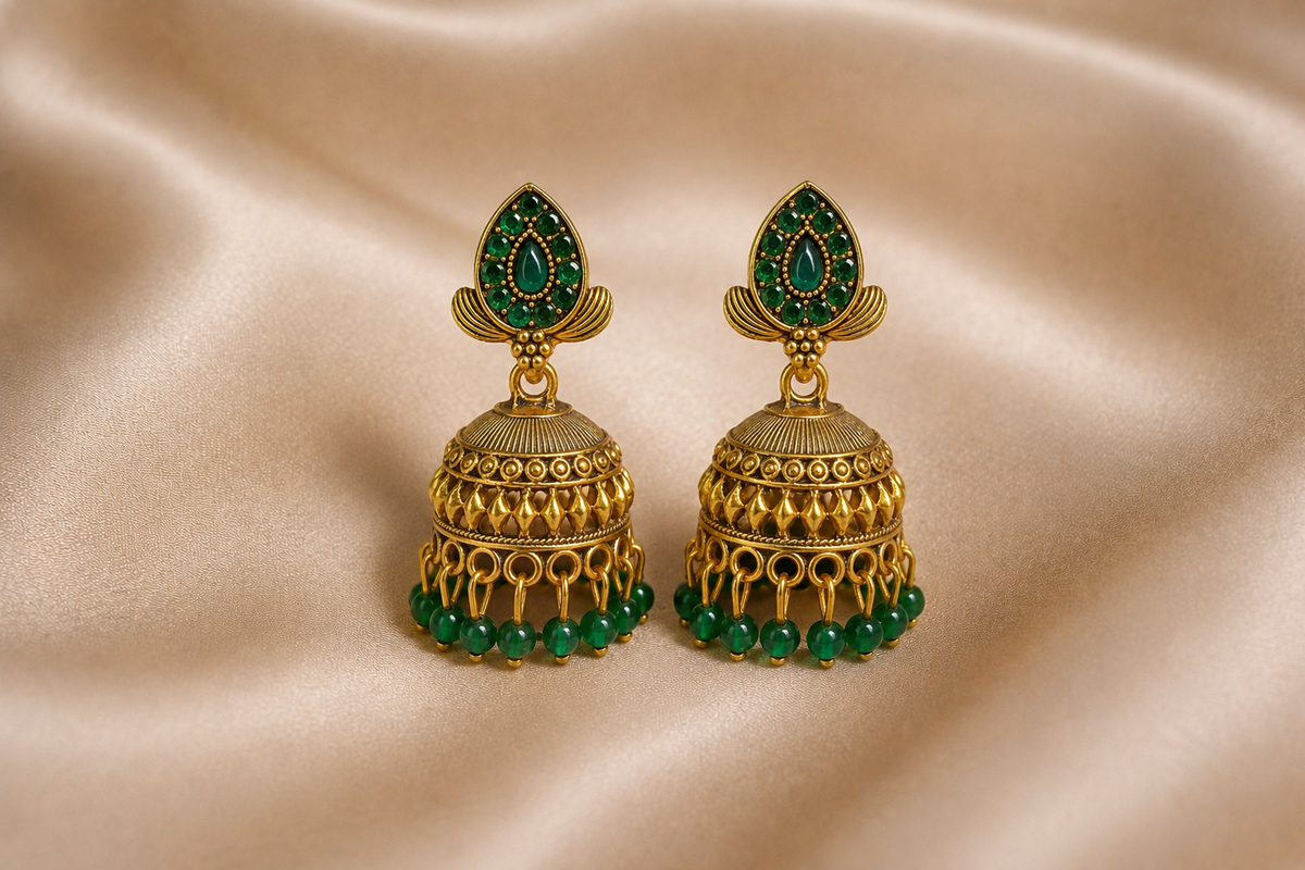 Mangamta Ethnic Temple Style Green Stone Dome Jhumka Earrings