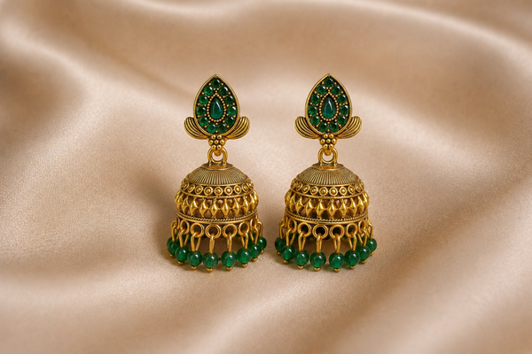 Mangamta Ethnic Temple Style Green Stone Dome Jhumka Earrings