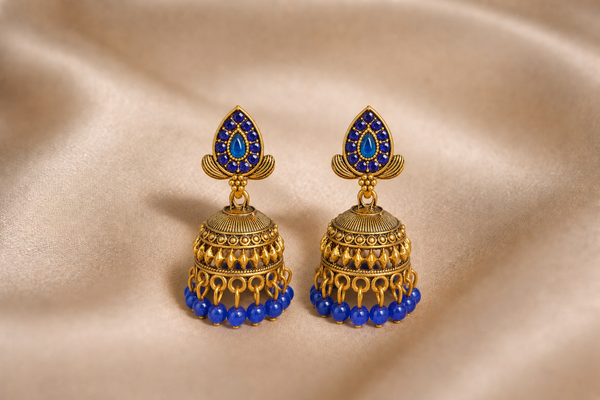 Mangamta Royal Blue Stone Antique Finish Dome Jhumka Earrings