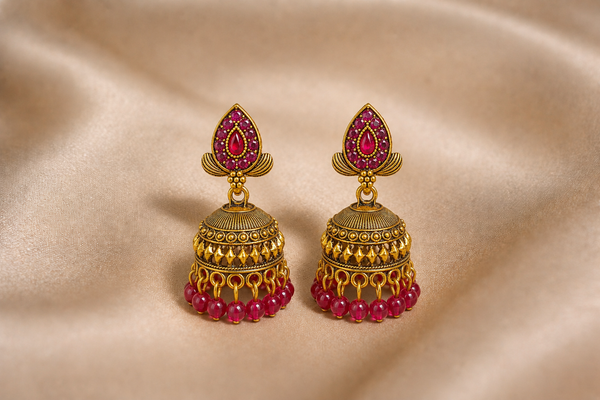 Mangamta Radiant Ruby Pink Stone Antique Dome Jhumka Earrings