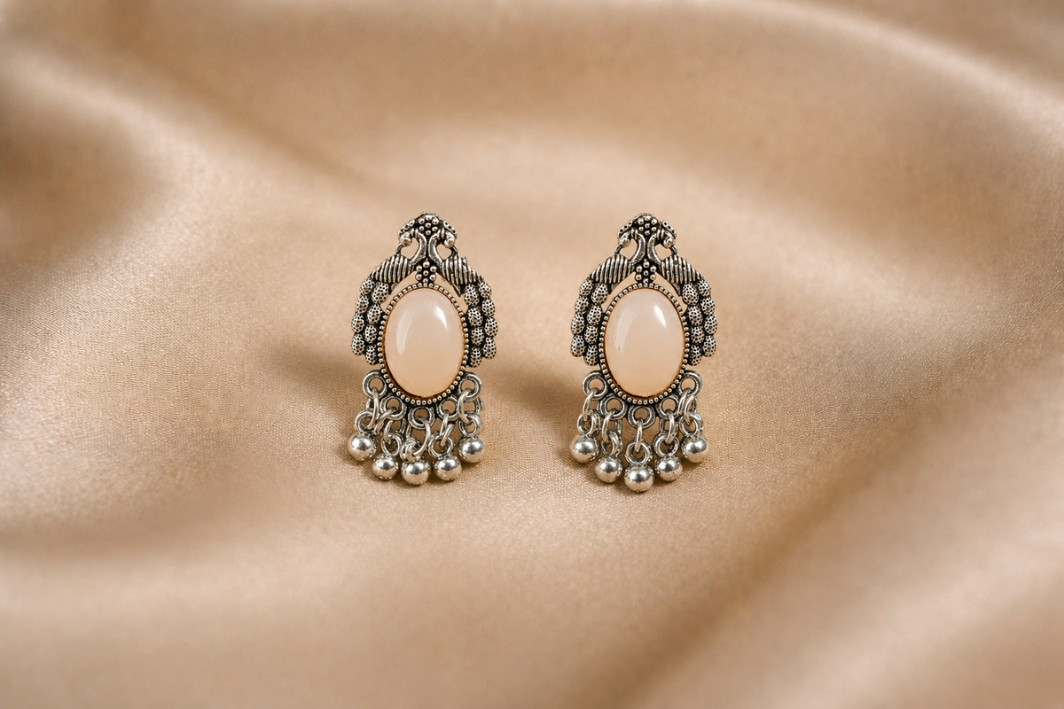 Mangamta Tribal Peacock Motif Peach Cabochon Ghungroo Stud Earrings