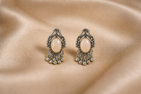 Mangamta Tribal Peacock Motif Peach Cabochon Ghungroo Stud Earrings