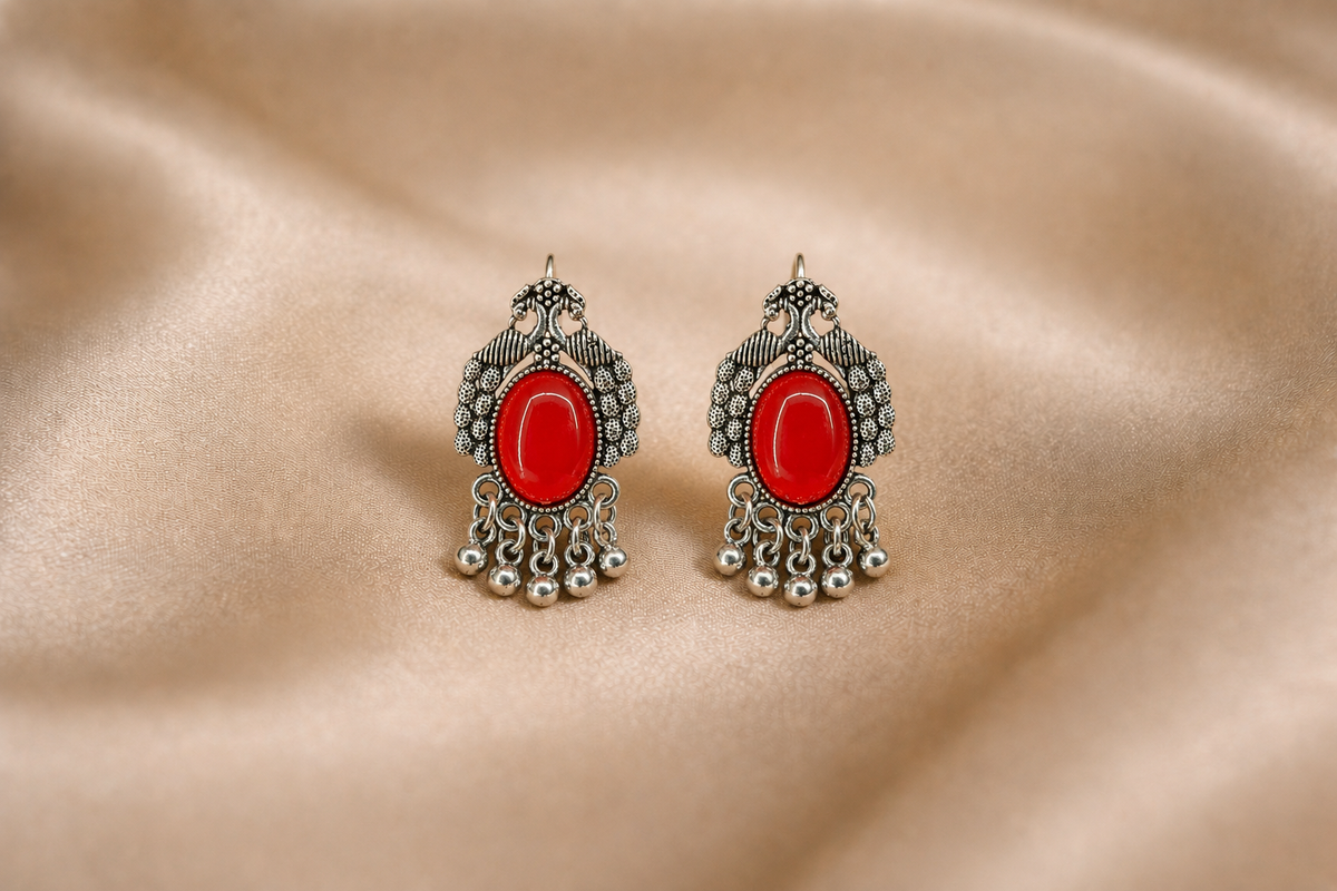 Mangamta Ethnic Carved Peacock Red Cabochon Drop Stud Earrings