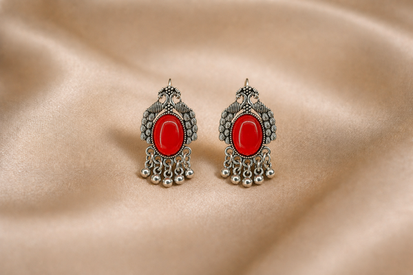 Mangamta Ethnic Carved Peacock Red Cabochon Drop Stud Earrings