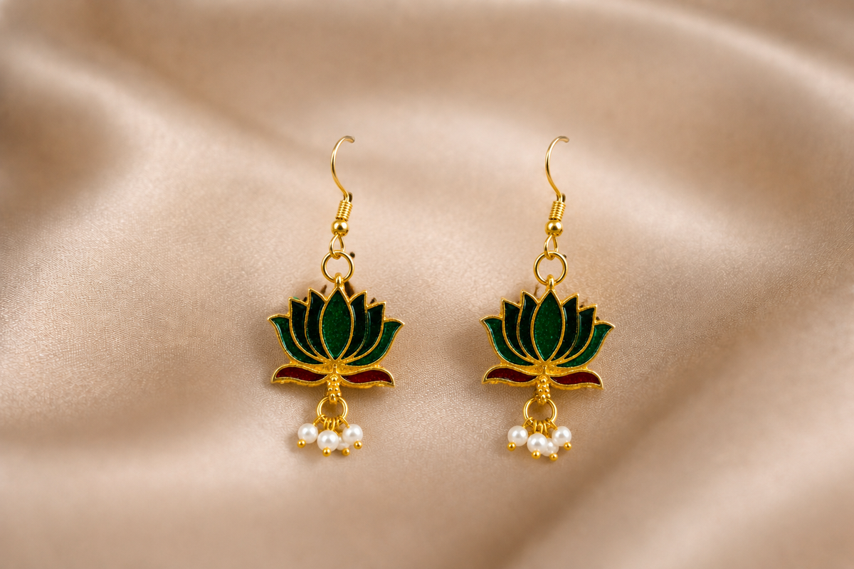 Mangamta Emerald Green Enamel Lotus Motif Pearl Drop Hook Earrings