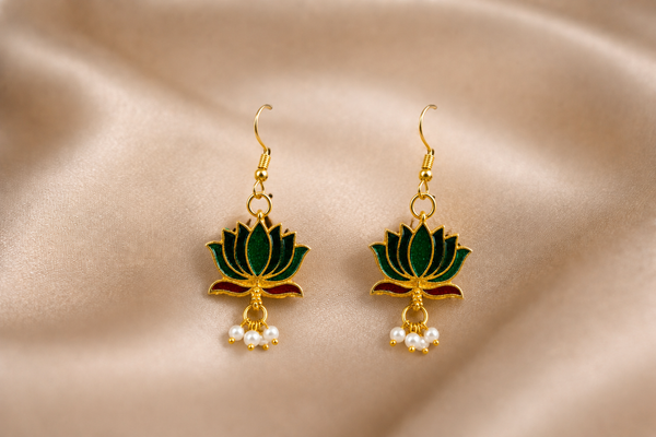 Mangamta Emerald Green Enamel Lotus Motif Pearl Drop Hook Earrings