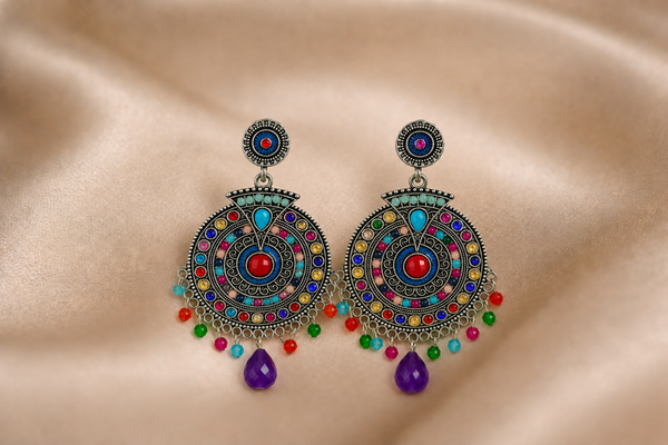 Mangamta Bohemian Multicolor Stone Studded Mandala Chandbali Earrings