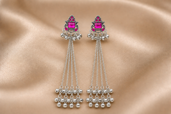Mangamta Temple Style Magenta Stone Long Multi-Chain Dangle Earrings