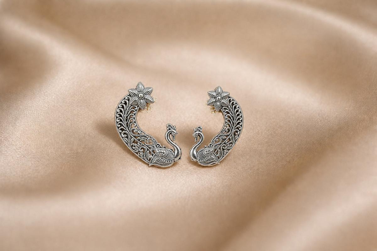 Mangamta Intricate Carved Peacock Filigree Ear Crawler Cuff Studs