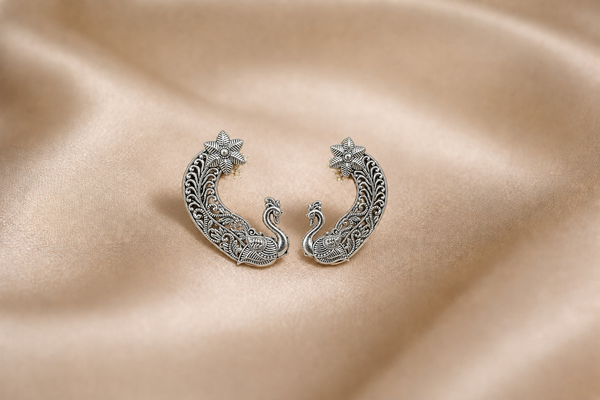 Mangamta Intricate Carved Peacock Filigree Ear Crawler Cuff Studs