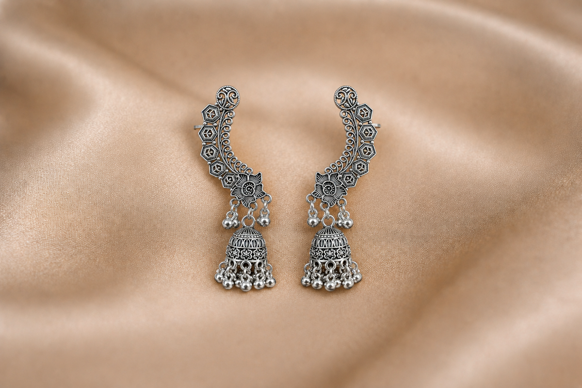 Mangamta Floral Filigree Ear Climber Jhumka Dangle Earrings
